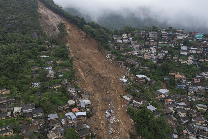 An aerial view shows a neighborhood affected by landslides in Petropolis, Brazil, on Wednesday.
