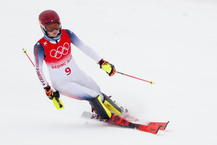 Mikaela Shiffrin of the U.S. competes during the Women's alpine combined at the Olympics on Thursday in Yanqing, China. After losing her last shot at an individual medal, she will compete in a team event on Saturday.