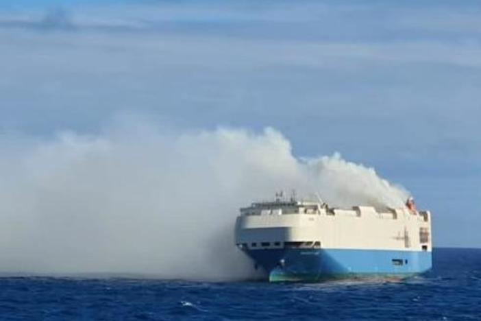 In this image posted on the Portuguese navy's website, the Felicity Ace is shown burning on Thursday in the Atlantic Ocean about 90 nautical miles southwest of the island of Faial in the Azores.