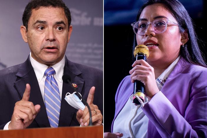 U.S. Rep. Henry Cuellar, D-Texas, (left) speaks on southern border security and illegal immigration, during a news conference at the U.S. Capitol on July 30, 2021 in Washington, D.C. Democratic candidate Jessica Cisneros (TX-28) speaks during the 'Get Out the Vote' rally on Feb. 12 in San Antonio.