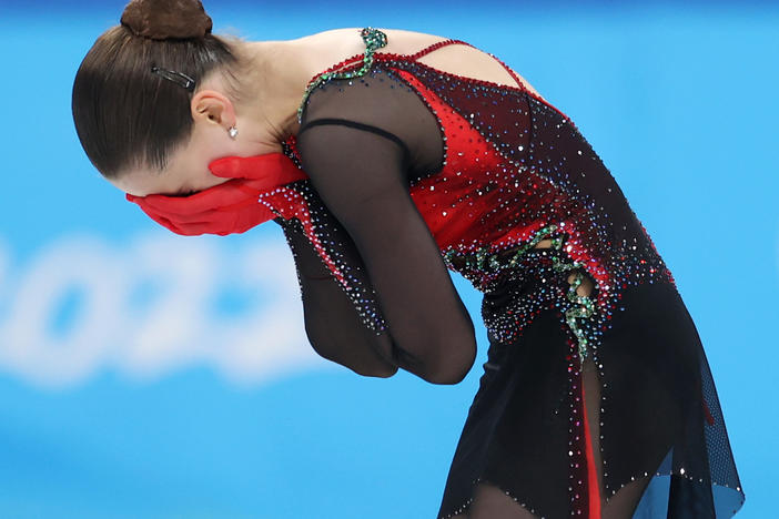 Kamila Valieva of Team ROC reacts after skating during the women's individual figure skating final on Thursday in Beijing.