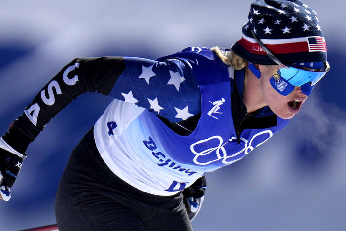 Jessie Diggins competes during the women's 30km mass start free cross-country skiing competition at the 2022 Winter Olympics on Feb. 20, 2022, in Zhangjiakou, China.