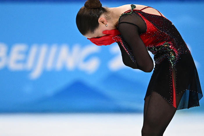 Russia's Kamila Valieva reacts after competing in the women's free skate on Feb. 17. A doping scandal dominated headlines around figure skating.