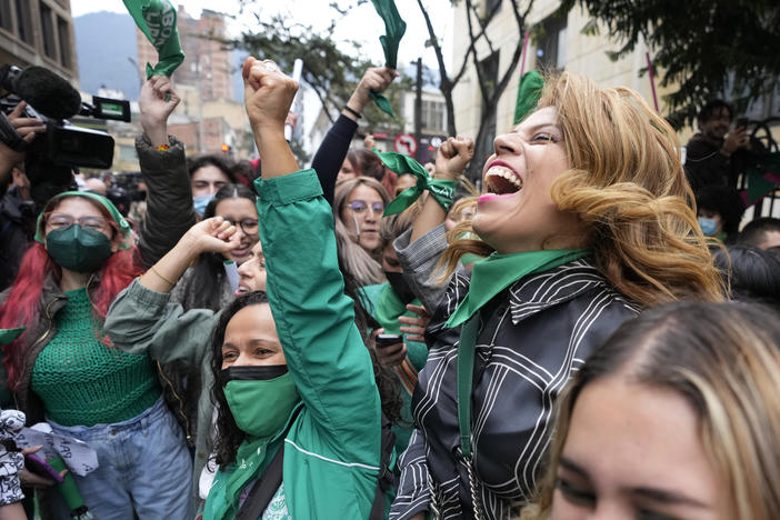 Abortion-rights activists in Colombia celebrate Monday in Bogota after the Constitutional Court approved the decriminalization of abortion, lifting all limitations on the procedure until the 24th week of pregnancy.
