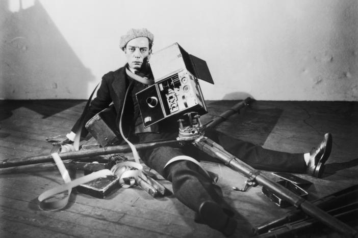 Buster Keaton in a promotional still for 'The Cameraman', which came out in 1928.