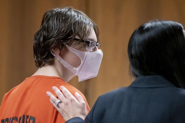 Ethan Crumbley attends a hearing at Oakland County circuit court in Pontiac, Mich., on Tuesday over where the teen will be detained as he awaits trial. Crumbley, 15, is charged with the fatal shooting of four fellow students and the wounding of seven others, including a teacher, at Oxford High School in November.