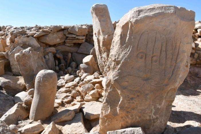 This photo shows two carved standing stones at a remote Neolithic site in Jordan's eastern desert. A team of Jordanian and French archaeologists said Tuesday that it had found a roughly 9,000-year-old shrine.