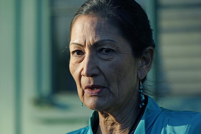 Secretary of the Interior Deb Haaland speaks with reporters about visiting several communities and sites in Mississippi to honor individuals and events that advanced the Civil Rights Movement.