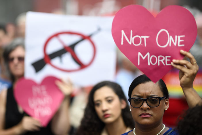 Protestors take part in a rally of Moms against gun violence and calling for Federal Background Checks on August 18, 2019 in New York City.