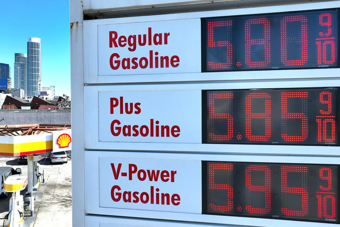 A sign shows gas prices at a Shell station in San Francisco on Feb. 23. Gas prices could rise further as crude prices surge following Russia's invasion of Ukraine.