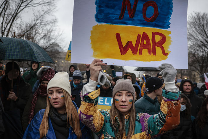 Anti-war demonstrators and Ukrainians living in the U.S. protest against Russia's military operation in Ukraine in Lafayette Park on February 24, 2022 in Washington, DC. Russian President Vladimir Putin launched a full-scale invasion of Ukraine on February 24th.