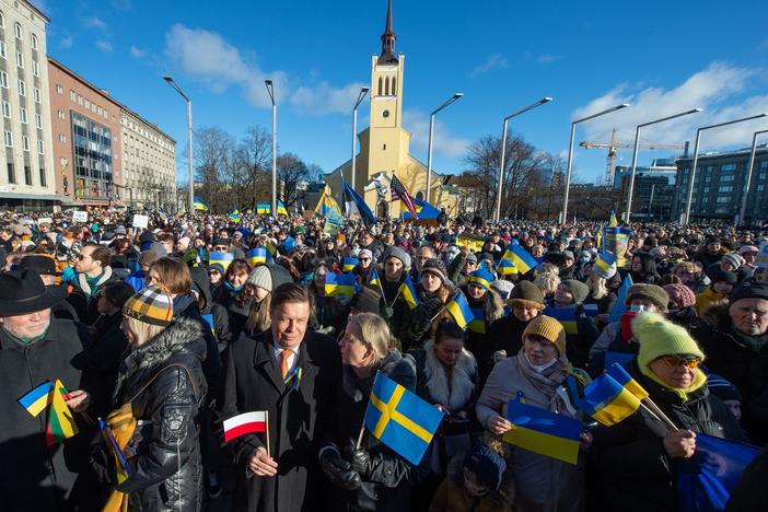 People take part in a demonstration in support of Ukraine at Freedom Square in Tallinn, Estonia, on Saturday.