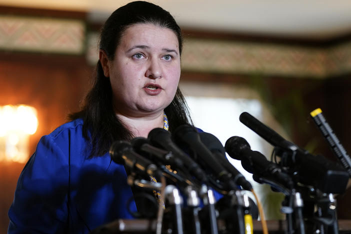 Ukraine's Ambassador to the United States Oksana Markarova speaks during a news conference at the Embassy of Ukraine in Washington, D.C. on Feb. 24.