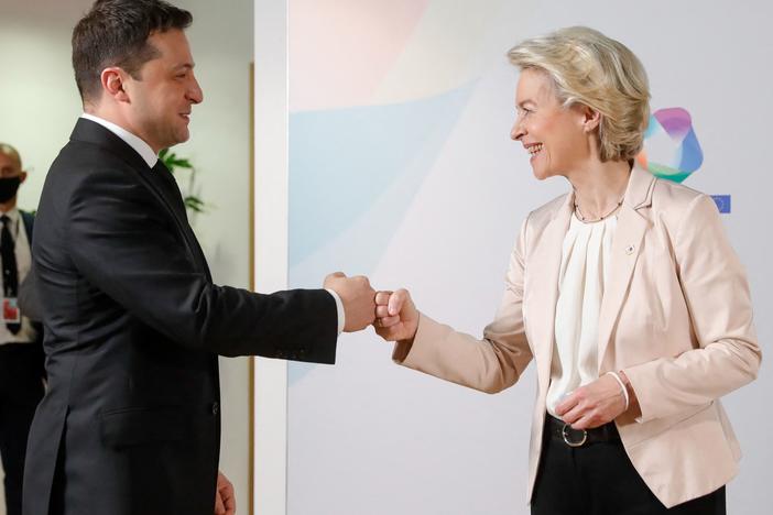 European Commission President Ursula von der Leyen greets Ukraine's President Volodymyr Zelenskyy at the Eastern Partnership summit in Brussels last year. Zelenskyy is appealing for Ukraine to join the EU.