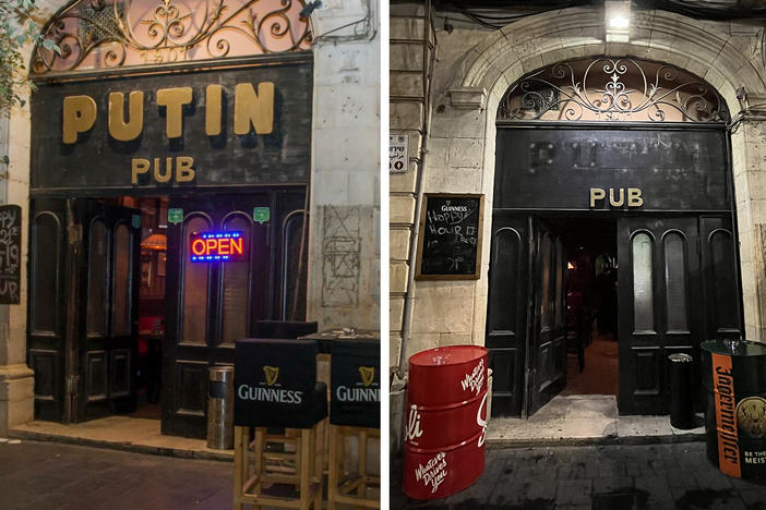 Left: The Putin Pub in Jerusalem, before the owners removed the word Putin from the sign. Right: On Feb. 24, the first day of Russia's invasion of Ukraine, the Russian-speaking owners of the Putin Pub removed "Putin" from the sign.