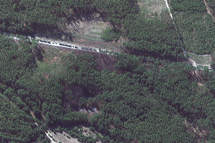 A satellite image captured Monday by Maxar Technologies shows a Russian military convoy southeast of Ivankiv, Ukraine.