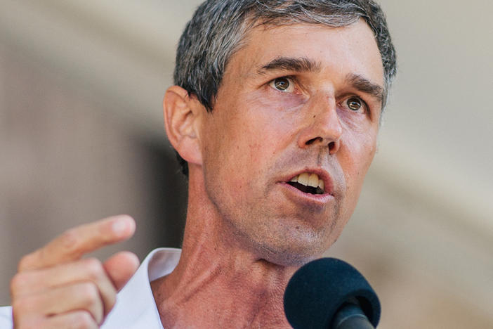 (L) Former U.S. Rep. Beto O'Rourke speaks during the Georgetown to Austin March for Democracy rally on July 31, 2021 in Austin, Texas; (R) Texas Governor Greg Abbott speaks during the Houston Region Business Coalition's monthly meeting on October 27, 2021 in Houston, Texas.