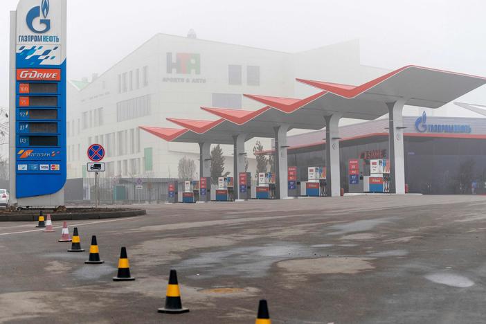 A closed Gazprom gasoline station is shown in Almaty, Kazakhstan, on Jan. 9.