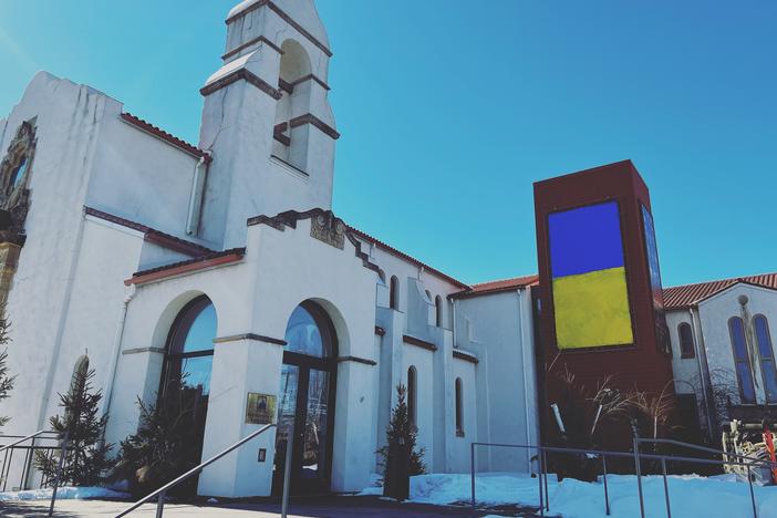 The Museum of Russian Art in Minneapolis painted a banner on its building the colors of the Ukrainian flag.
