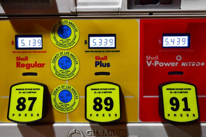 Gas prices reach over $5 a gallon at a station in Los Angeles on Friday. Oil prices continue to surge after Russia's invasion of Ukraine, with some analysts describing market conditions as verging on "panic."
