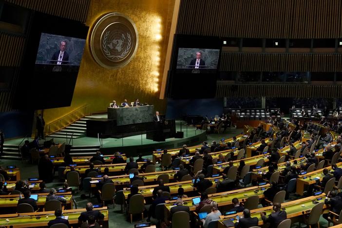 Ukraine's UN Ambassador Sergiy Kyslytsya speaks at the United Nations in New York on March 2, 2022 before a vote on a resolution condemning Russian invasion of Ukraine.
