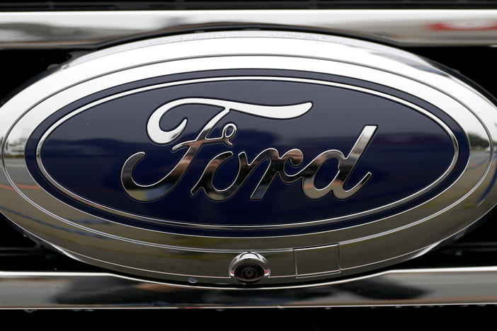 The Ford Bronco logo is displayed on a vehicle in Colma, Calif., on Jan. 5. The American automaker is splitting its auto business into two units.