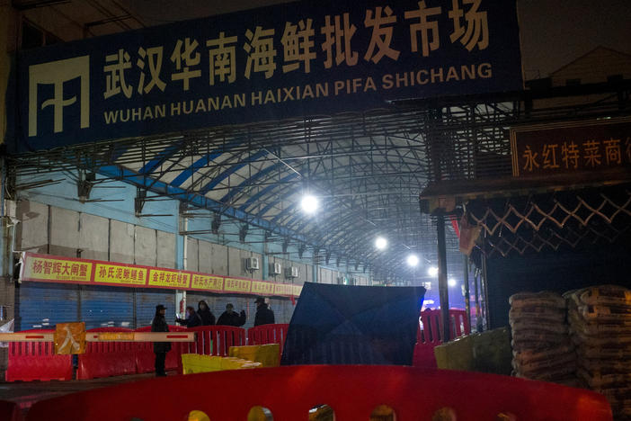 Security guards stand in front of the Huanan Seafood Wholesale Market in Wuhan, China, on Jan. 11, 2020, after the market had been closed following an outbreak of COVID-19 there. Two new studies document samples of SARS-CoV-2 from stalls where live animals were sold.