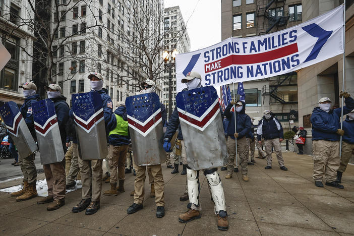 The white nationalist group Patriot Front attends the March For Life on in Chicago on Jan. 8.