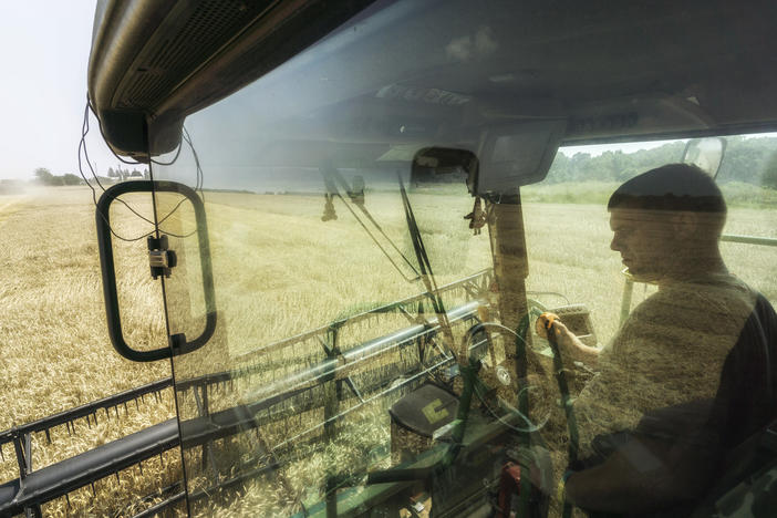 A driver sits in the cab of a combine harvester during the summer harvest in a field of wheat in Varva, Ukraine. Ukraine accounts for more than 10% of the global wheat market. Russia's war threatens to disrupt the spring planting season.