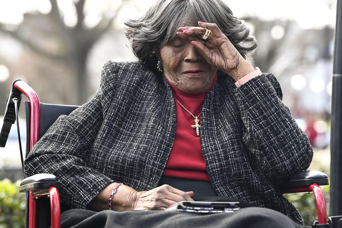 Autherine Lucy Foster reacts during the dedication ceremony for Autherine Lucy Foster Hall in Tuscaloosa, Ala., on Feb. 25, 2022.