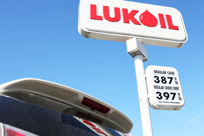 A Lukoil gas station sign is seen Friday in New York City's Brooklyn borough. Lukoil, Russia's second-largest oil company, has called for an end to the war in Ukraine. The oil company is facing calls for boycotts.