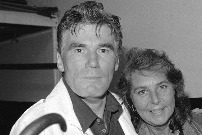Actor Mitchell Ryan and Pamela Marvin backstage at the Playhouse Theatre in New York in July 1979, where he was starring in Arthur Miller's play "The Price."