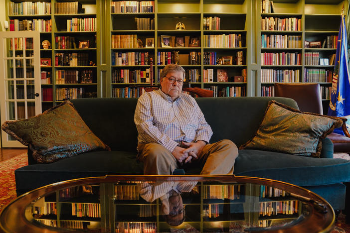 William Barr, who served as the U.S. attorney general in the administrations of Presidents George H. W. Bush and Donald Trump, spoke with NPR during an interview at his house outside of Washington, D.C., on Wednesday.