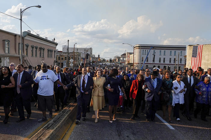 Vice President Kamala Harris marches on the Edmund Pettus Bridge after speaking in Selma, Ala., on Sunday.