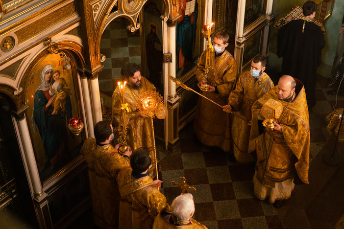 Services at Church of St. George on Sunday in Lviv, Ukraine.