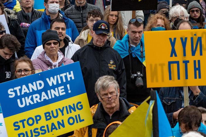 Protesters in Boston call for a ban on Russian oil at a rally for Ukraine on Sunday.