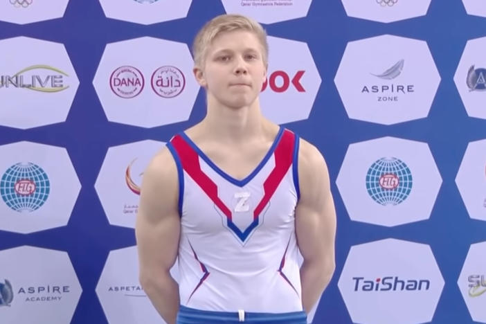 Ivan Kuliak wears a "Z" symbol at a gymnastics World Cup event in Doha, Qatar, on Saturday. The letter has become widely regarded as a symbol of support for Russia's invasion of Ukraine.