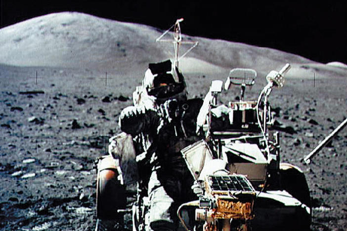Astronaut and geologist Harrison Schmitt is seen in the Lunar Roving Vehicle during NASA's Apollo 17 mission on Dec. 13, 1972. A lunar soil sample collected on the mission has remained sealed until now.