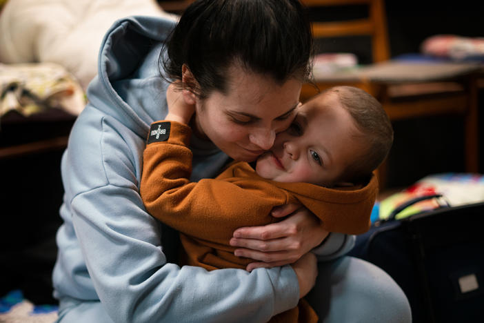 Nadia Kuzhukhar, 27, fled Kyiv with her sister and 2-year-old son, Maksim. They temporarily sheltered in the Church of St. Lazarus in Lviv, Ukraine.