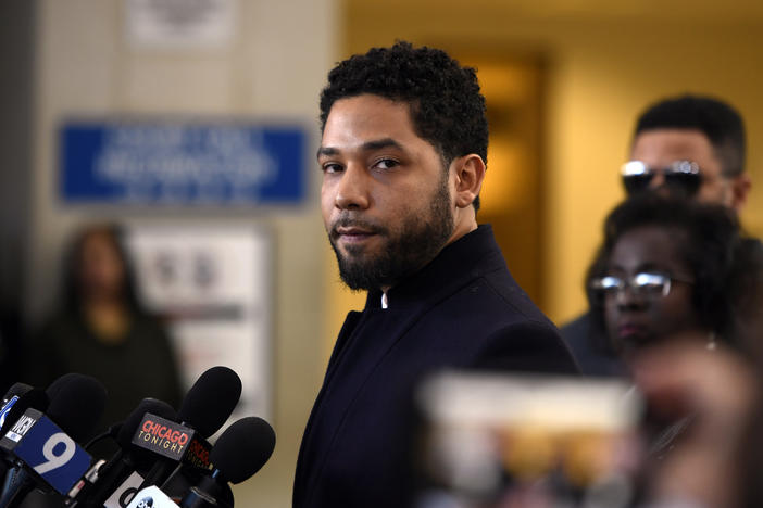 Jussie Smollett talks to the media in 2019 before leaving the court in Cook County, Ill. The actor will face sentencing on Thursday.