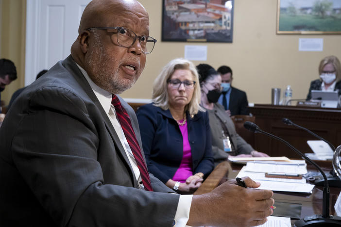 Rep. Bennie Thompson, D-Miss., chair of the House panel investigating the Jan. 6 Capitol insurrection, and the panel's vice chair, Rep. Liz Cheney, R-Wyo., testify before the House Rules Committee on Dec. 14, 2021. Their panel is looking into who funded the events that preceded the deadly attack.