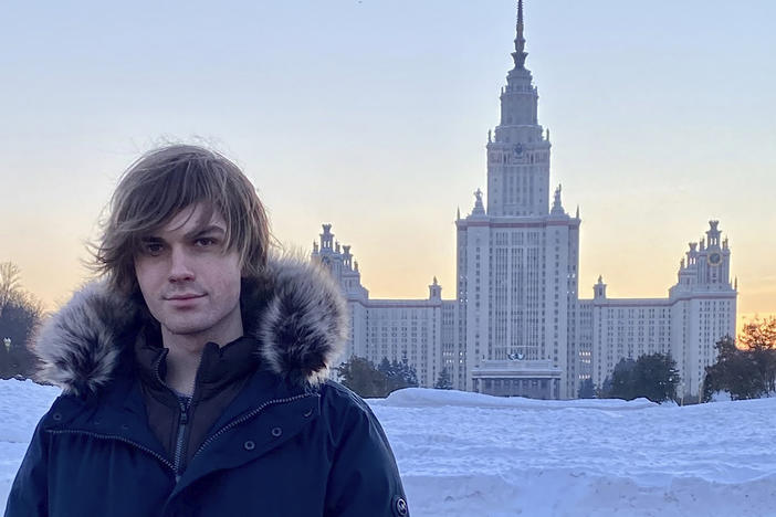 Middlebury College in Vermont suspended a study abroad program in Russia at the end of February citing safety concerns, urging the 12 students to return home. Among them was Zavier Ridgley, who was studying in Moscow when he was told to book a flight home quickly. Here, he stands for a self-portrait in front of Moscow State University in January.