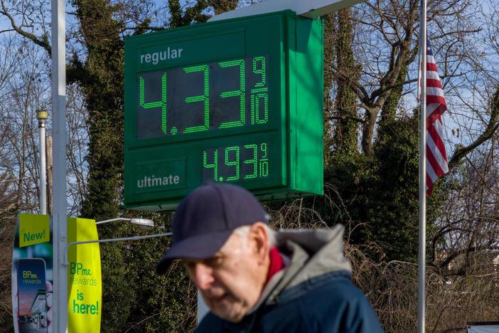 A sign shows the price of gas outside of a gas station in Washington, D.C, on March 8. Annual inflation is likely to have hit another 40-year high in February, yet the data won't fully capture the most recent surge in energy prices after Russia invaded Ukraine.
