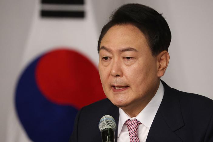 South Korea's president-elect Yoon Suk Yeol speaks during a news conference at the National Assembly in Seoul on Thursday, the morning after his victory in the country's presidential election.