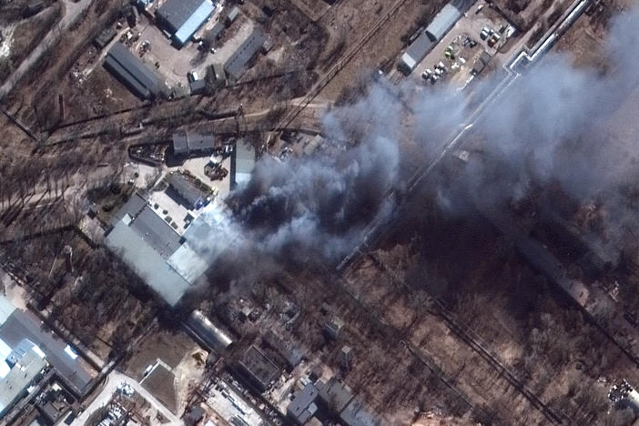 This satellite image provided by Maxar Technologies shows a closeup view of fires in an industrial area and nearby fields in southern Chernihiv, Ukraine, during the Russian invasion on Thursday.