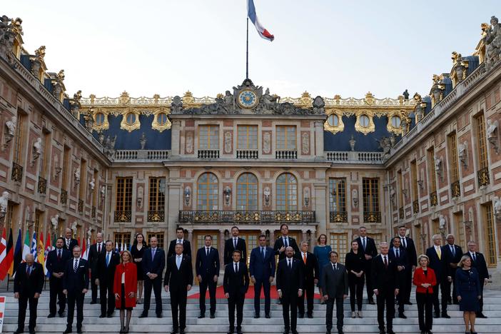 EU leaders pose for a photograph at the Palace of Versailles near Paris on Thursday ahead of their summit to discuss the fallout of Russia's invasion in Ukraine.