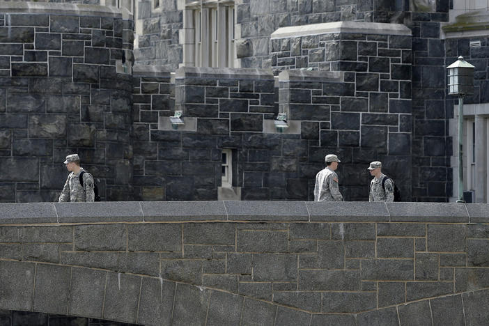West Point cadets walk on campus at the United States Military Academy in West Point, N.Y.