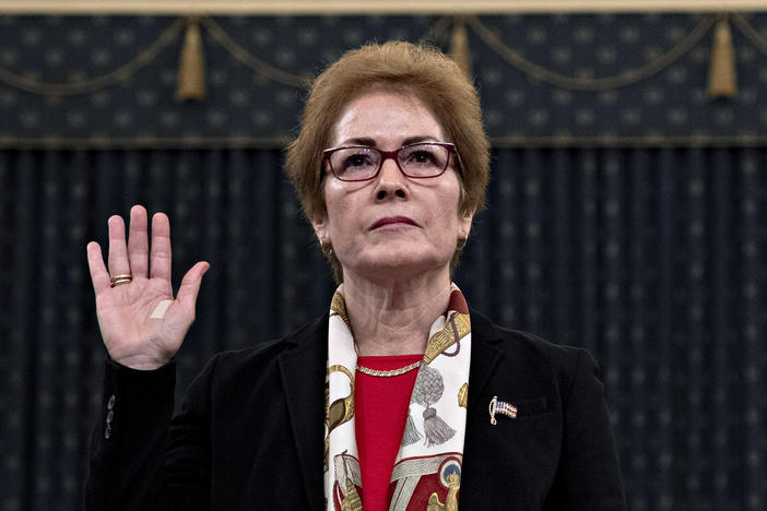 Marie Yovanovitch is sworn in on Nov. 15, 2019, prior to providing testimony as part of the inquiry that led to President Donald Trump's first impeachment. Yovanovitch served as the U.S. ambassador to Ukraine but was relieved of her post following a smear campaign orchestrated by Trump lawyer Rudy Giuliani.