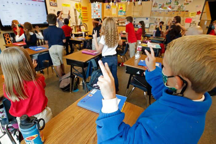 Students wear masks as a teacher instructs them at Freedom Preparatory Academy on Sept. 10, 2020 in Provo, Utah.