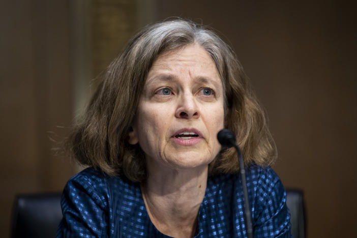 Sarah Bloom Raskin, President Biden's nominee to be the Federal Reserve's vice chair for supervision, speaks during her confirmation hearing with the Senate Banking Committee on Feb. 3. Sen. Joe Manchin, D-W.Va., said on Monday that he will oppose her nomination, likely dooming her chances.